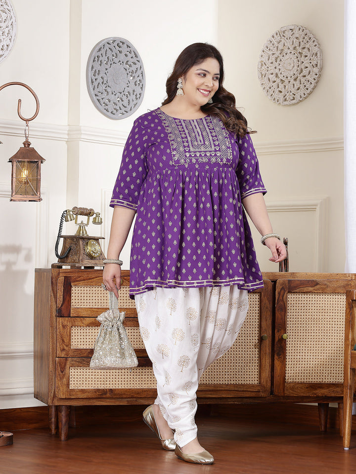 Violet-Rayon-Printed-&-Embroidered-Kurti-&-Dhoti-Pant-Set