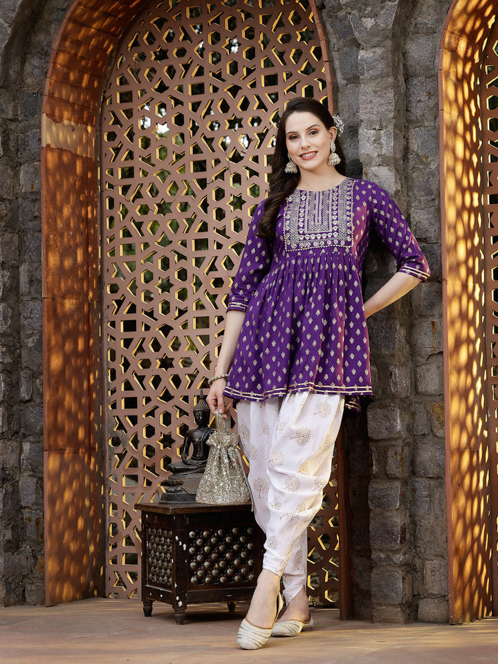 Violet-Rayon-Embroidered-Kurta-Only-With-Dhoti-Pant-Set