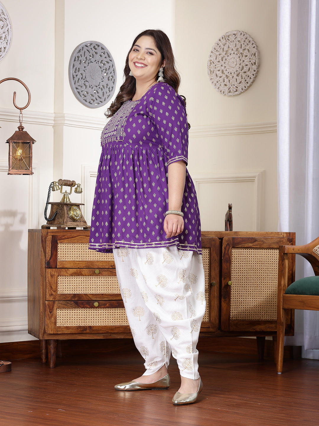 Violet-Rayon-Printed-&-Embroidered-Kurti-&-Dhoti-Pant-Set