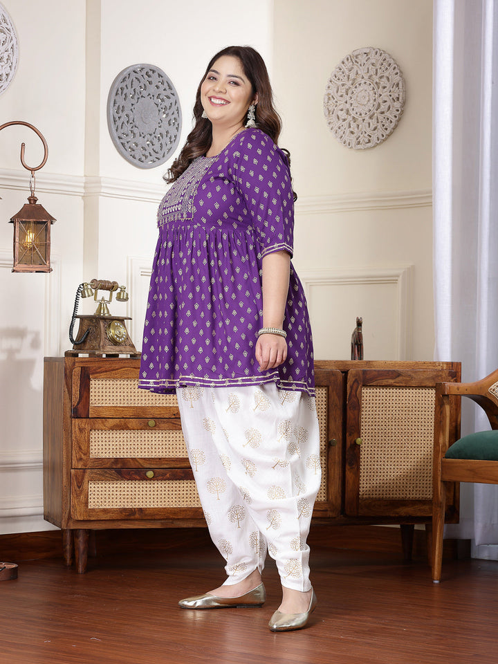 Violet-Rayon-Printed-&-Embroidered-Kurti-&-Dhoti-Pant-Set