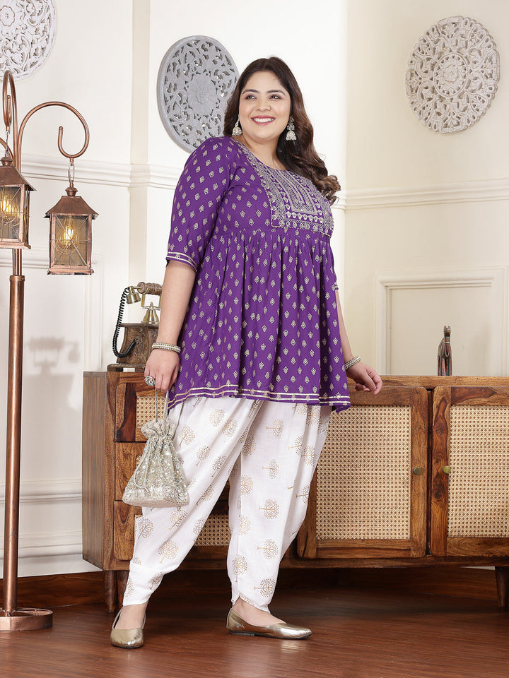 Violet-Rayon-Printed-&-Embroidered-Kurti-&-Dhoti-Pant-Set