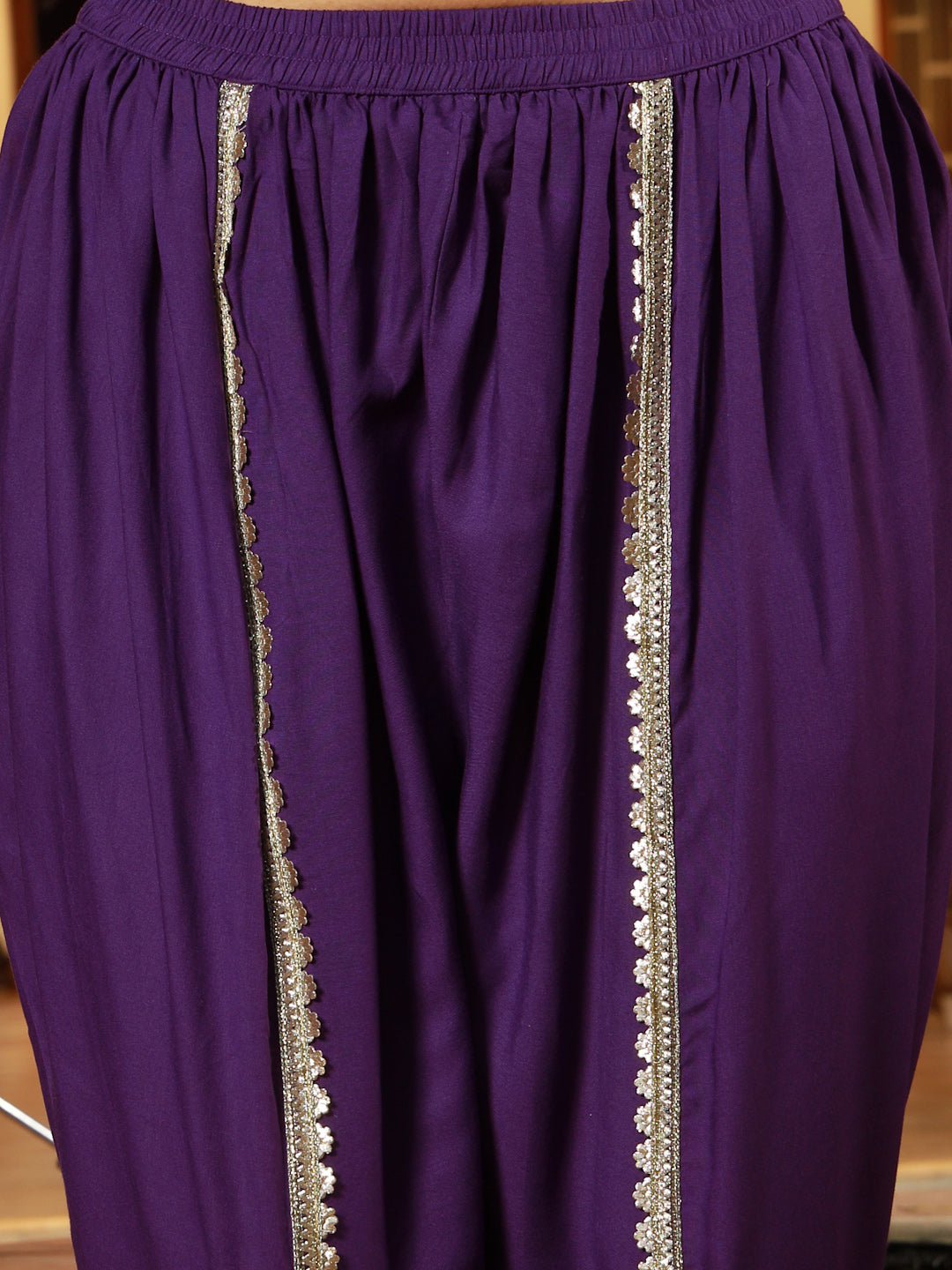 Violet Solid & Embroidered Rayon A-Line Kurti Dhoti Pant Set