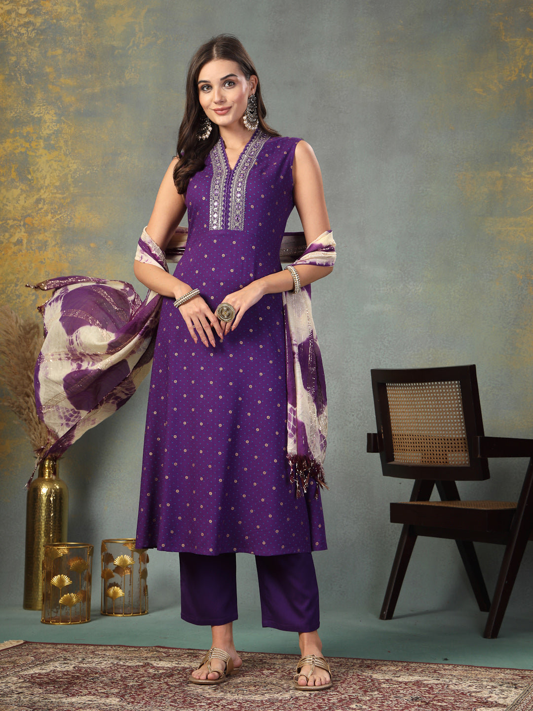 Violet-Rayon-Khari-Printed-A-Line-Kurta-&-Dupatta-Only