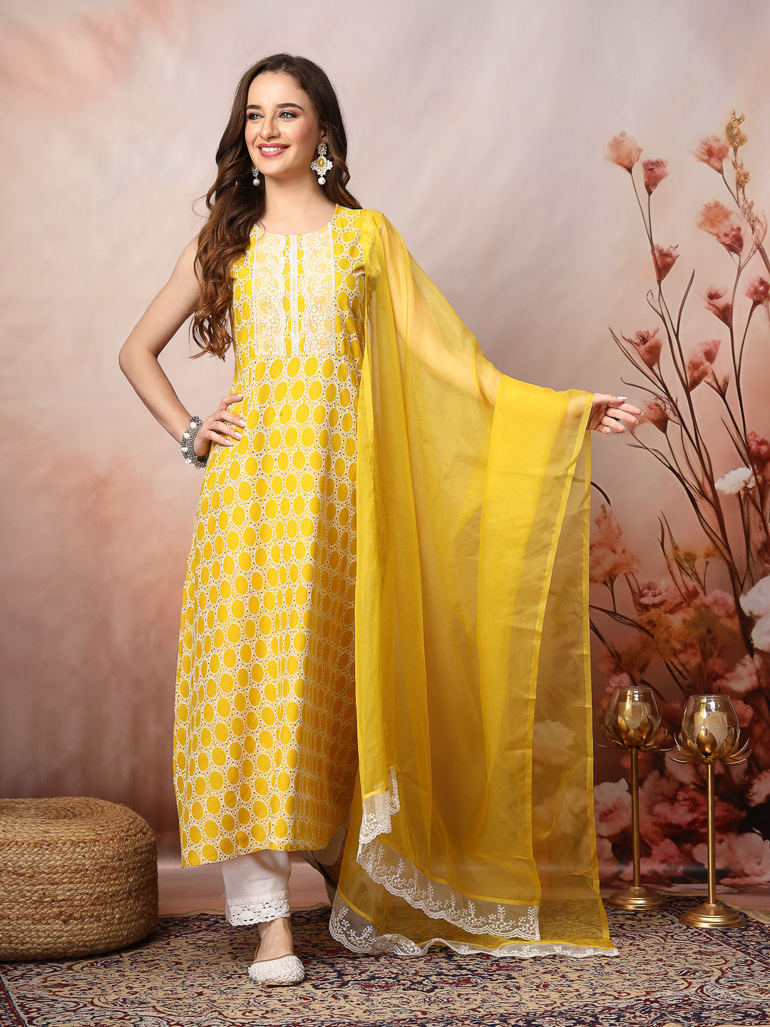 Yellow-Rayon-Printed-A-Line-3-Piece-Kurta-Set