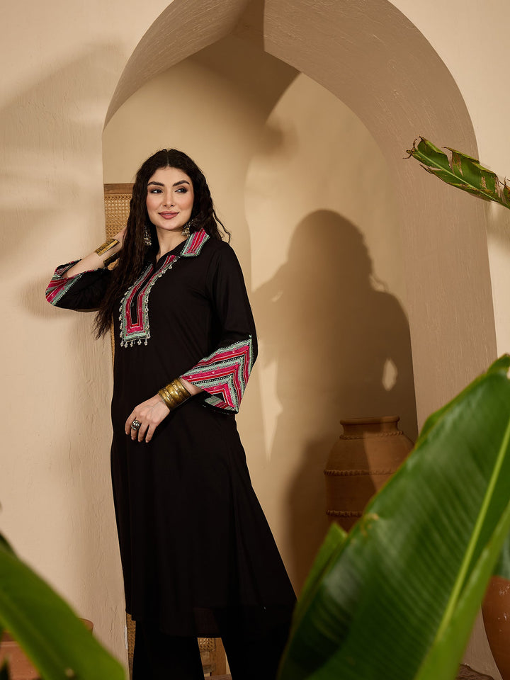 Balck Solid & Embroidered Rayon A-Line Kurta Pant Set