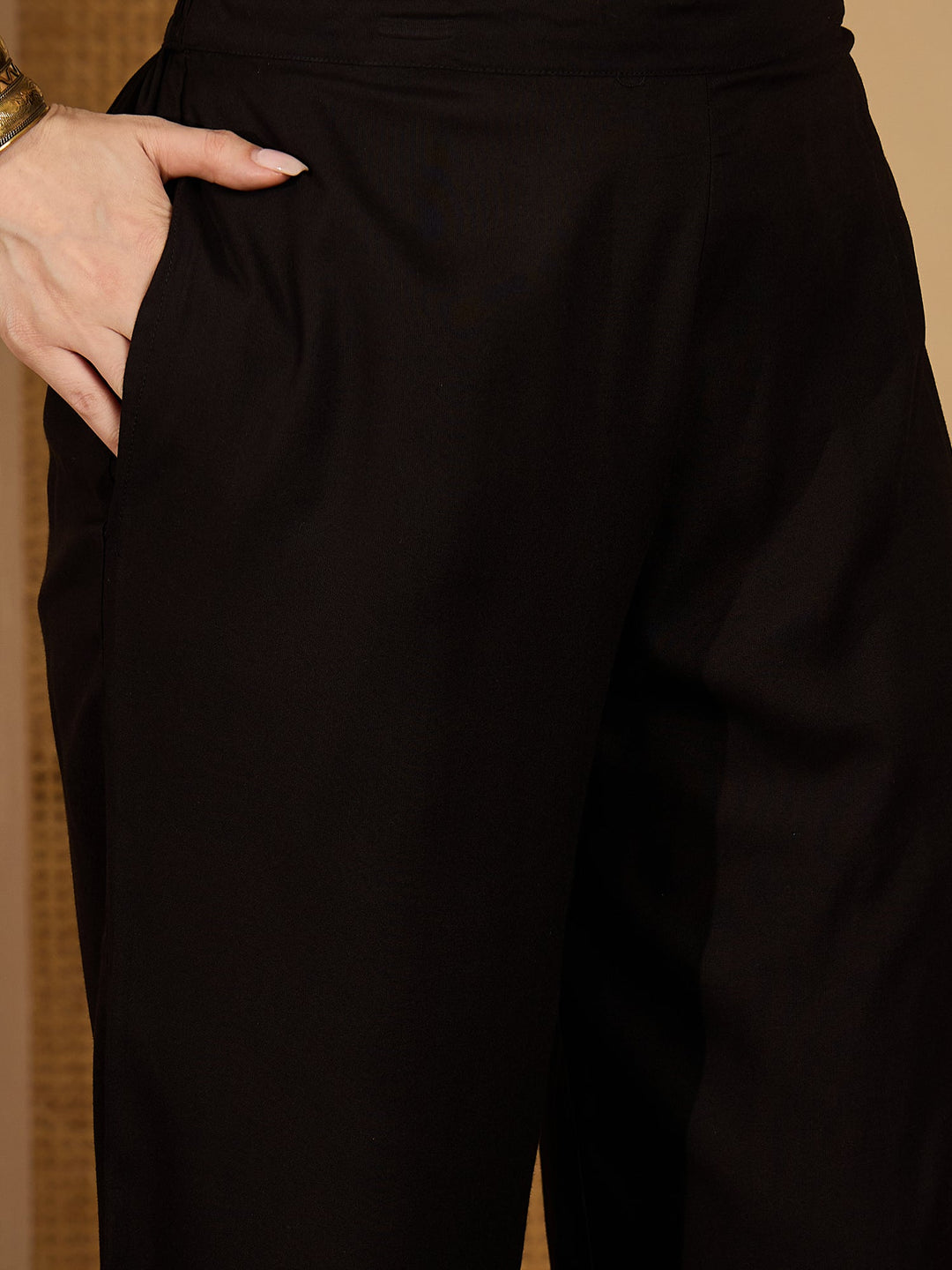 Balck Solid & Embroidered Rayon A-Line Kurta Pant Set