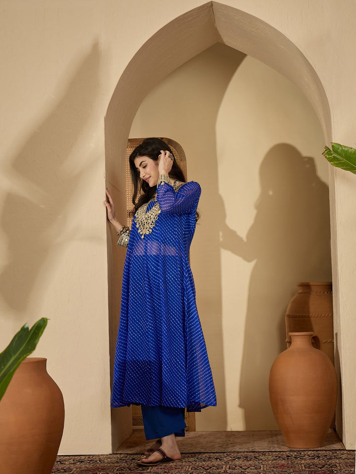 Blue Leheriya Printed & Embroidered Georgette A-Line Kurta Pant Set