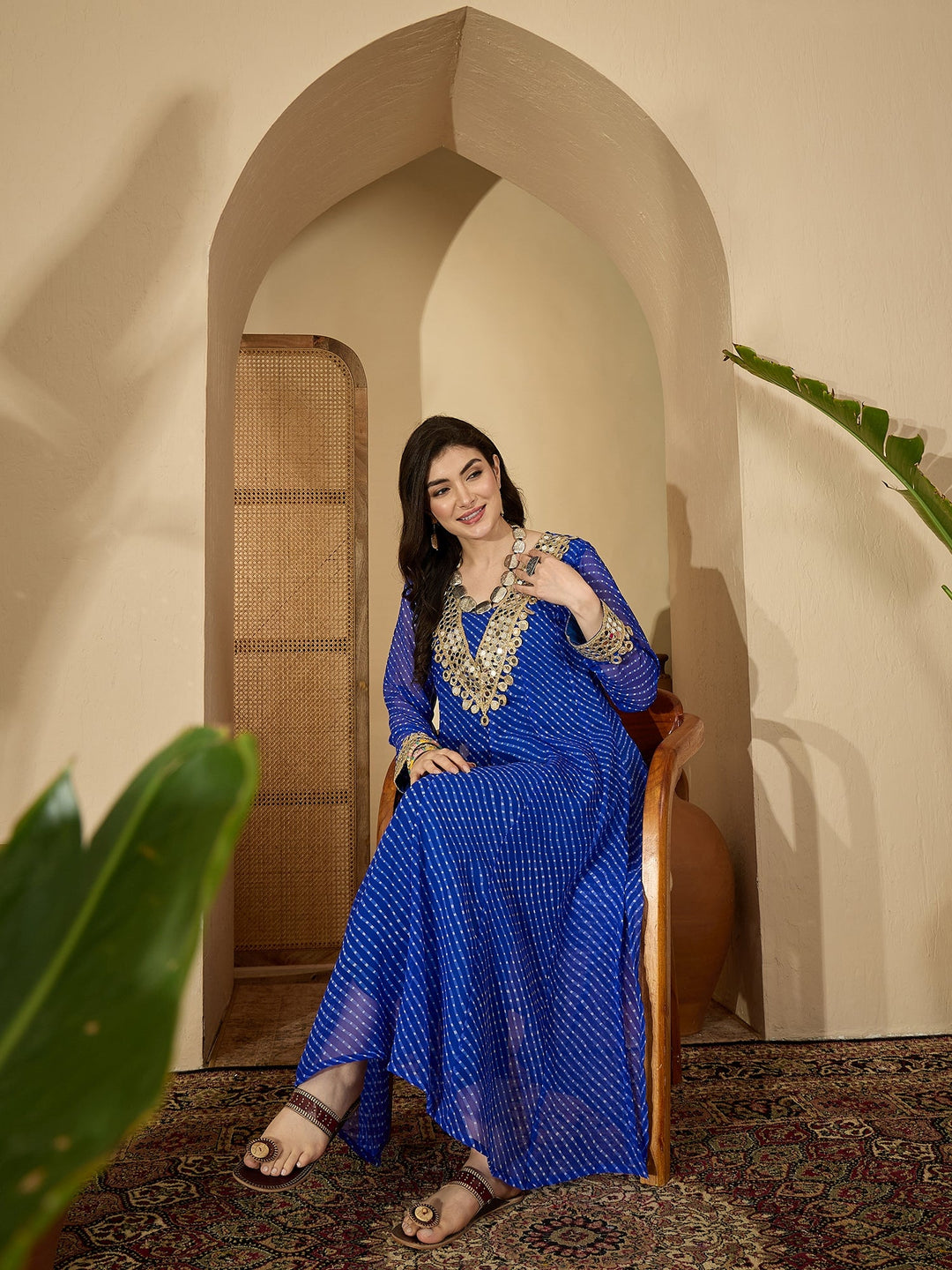 Blue Leheriya Printed & Embroidered Georgette A-Line Kurta Pant Set