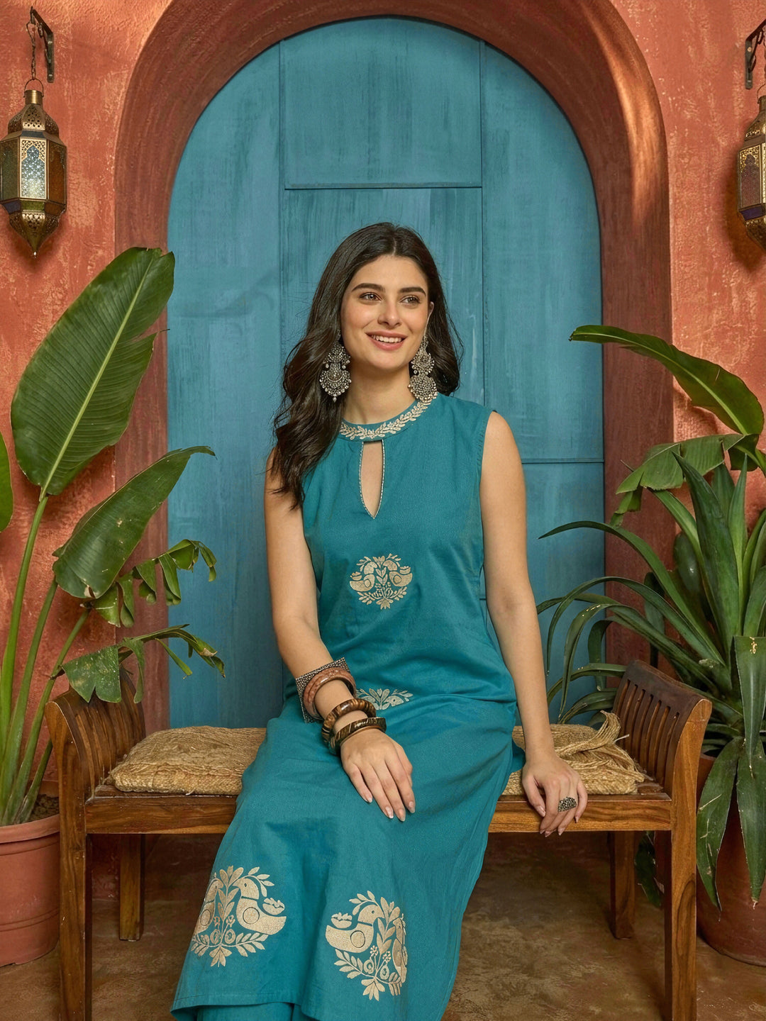 Blue Solid & Embroidered Cotton Straight Kurta Pant Set