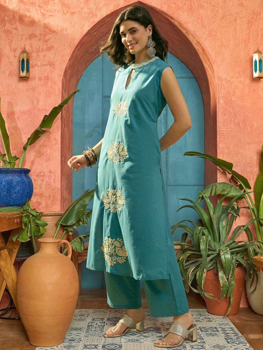 Blue Solid & Embroidered Cotton Straight Kurta Pant Set