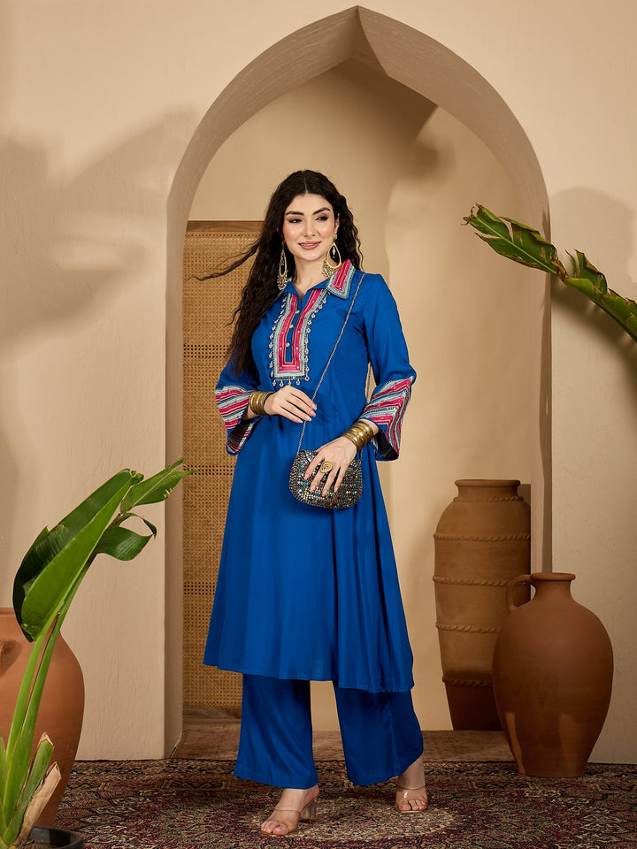 Blue Solid & Embroidered Rayon A-Line Kurta Pant Set