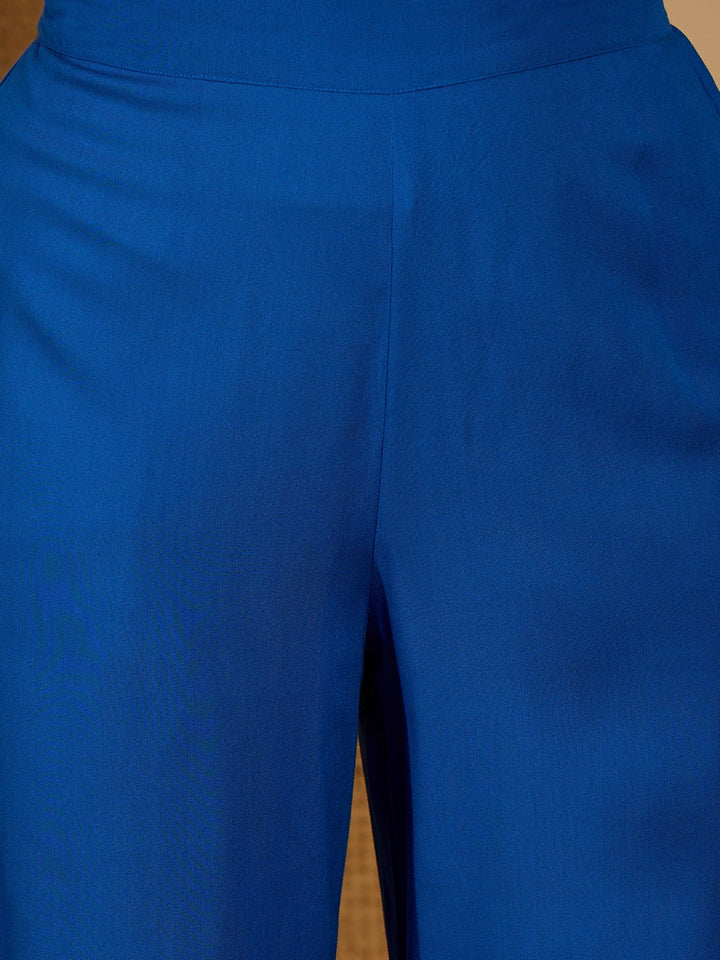 Blue Solid & Embroidered Rayon A-Line Kurta Pant Set