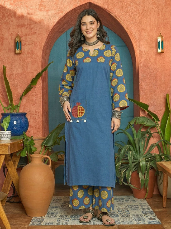 Blue Printed Cotton Straight Kurta Palazzo Set