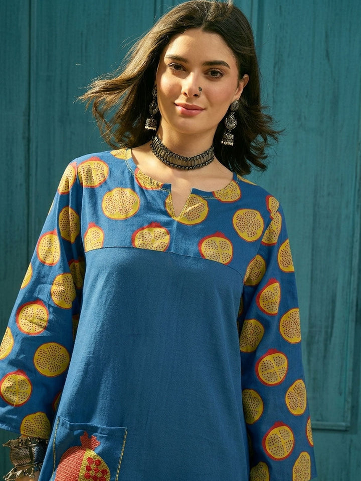 Blue Printed Cotton Straight Kurta Palazzo Set