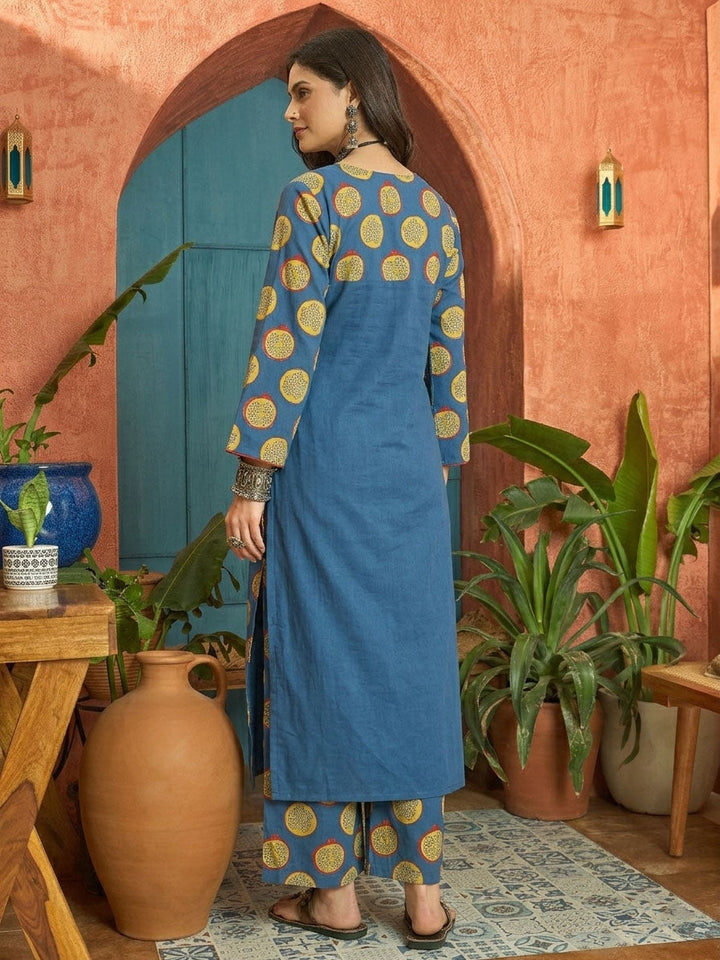 Blue Printed Cotton Straight Kurta Palazzo Set