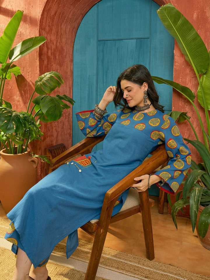 Blue Printed Cotton Straight Kurta Palazzo Set