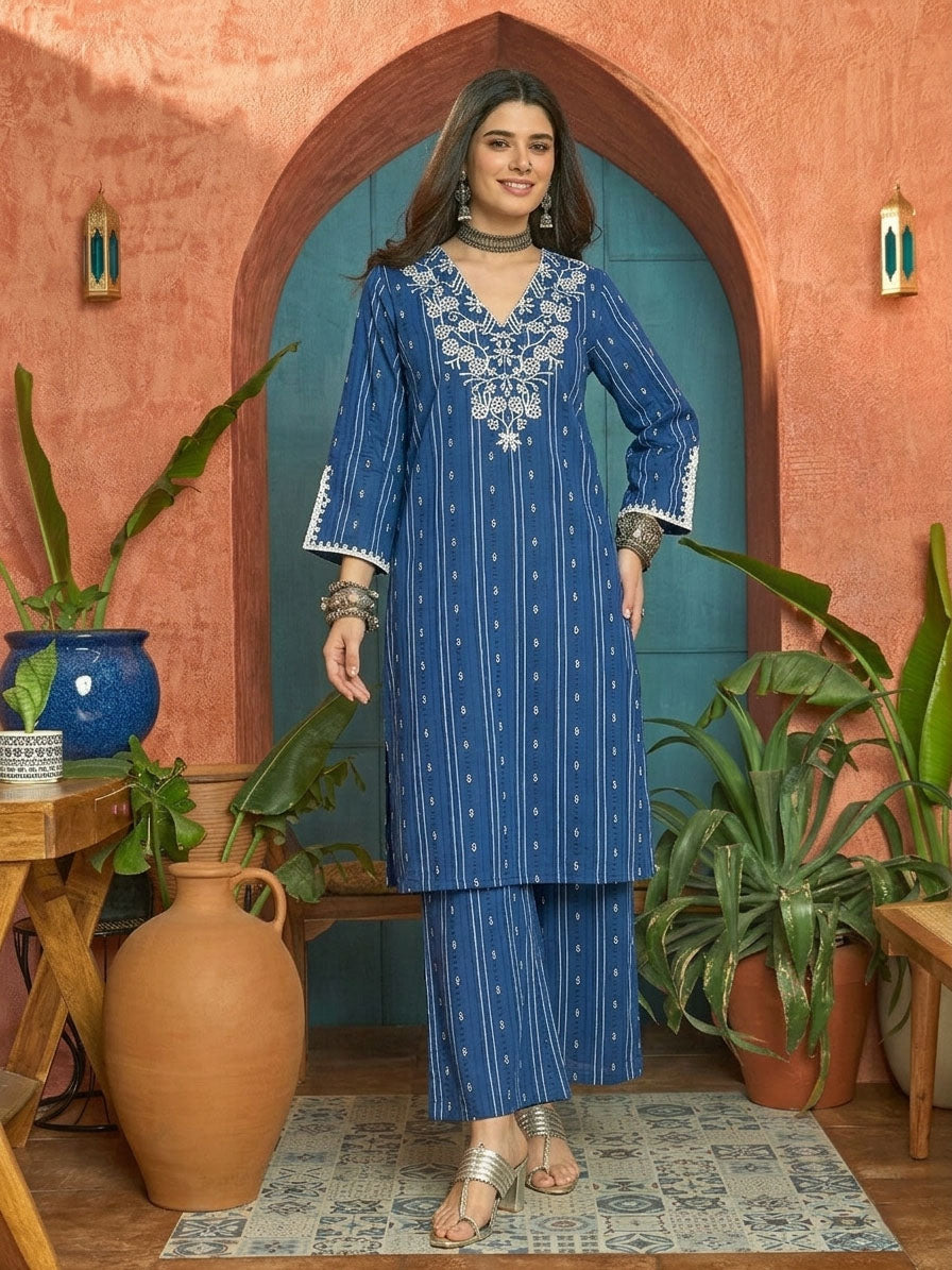Blue Woven Design & Embroidered Cotton Straight Kurta Palazzo Set