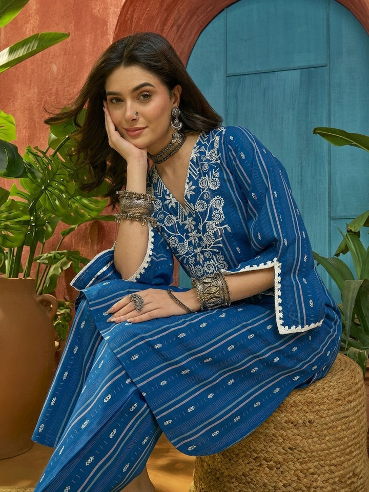 Blue Woven Design & Embroidered Cotton Straight Kurta Palazzo Set
