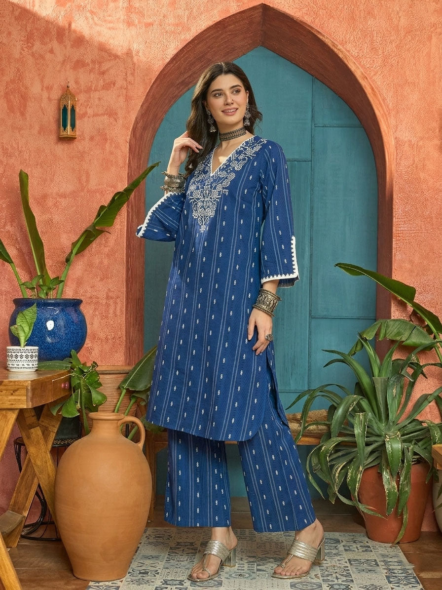 Blue Woven Design & Embroidered Cotton Straight Kurta Palazzo Set
