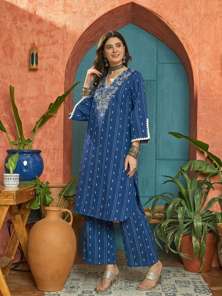 Blue Woven Design & Embroidered Cotton Straight Kurta Palazzo Set