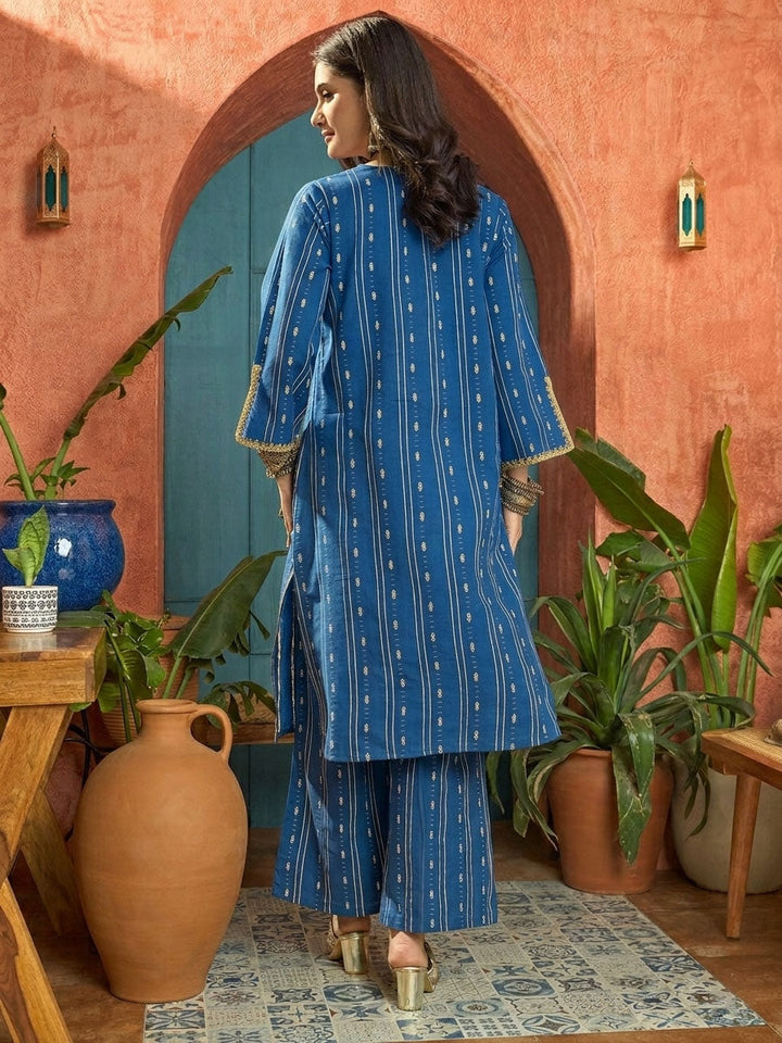 Blue Woven Design & Embroidered Cotton Straight Kurta Palazzo Set