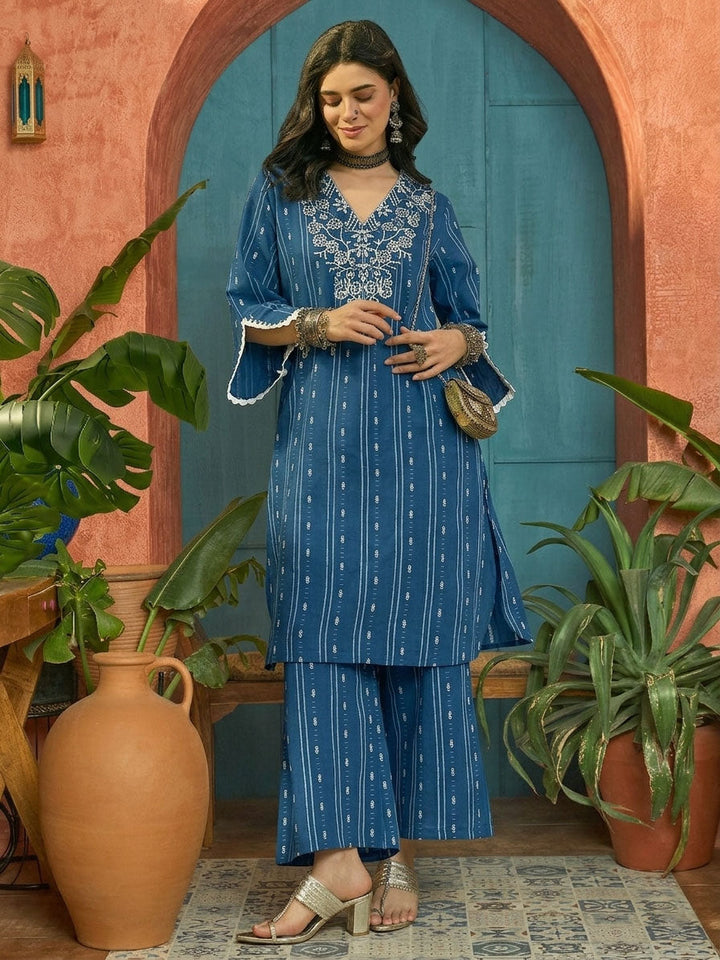 Blue Woven Design & Embroidered Cotton Straight Kurta Palazzo Set