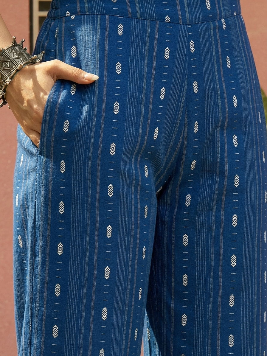 Blue Woven Design & Embroidered Cotton Straight Kurta Palazzo Set