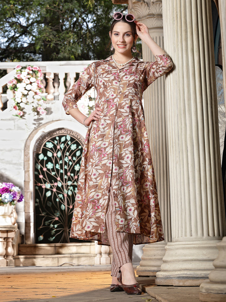 Brown-Cotton-Floral-Printed-A-Line-2-Piece-Kurta-Set