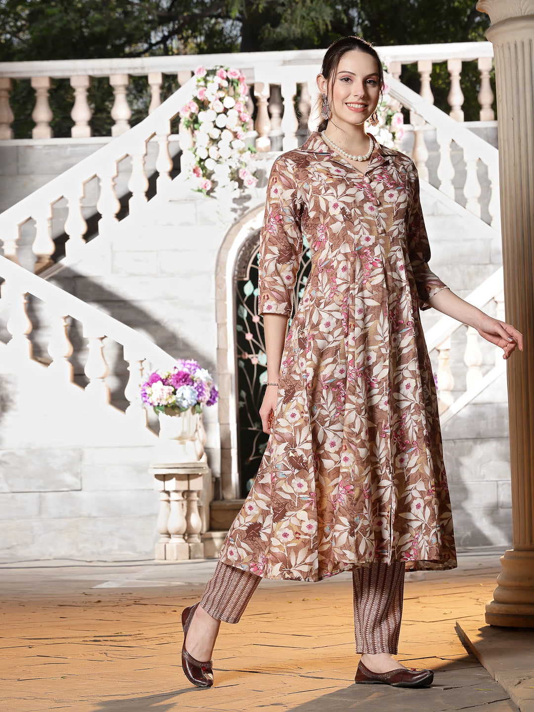 Brown-Cotton-Floral-Printed-A-Line-2-Piece-Kurta-Set