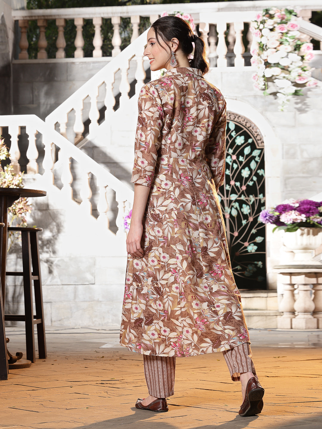 Brown-Cotton-Floral-Printed-A-Line-2-Piece-Kurta-Set
