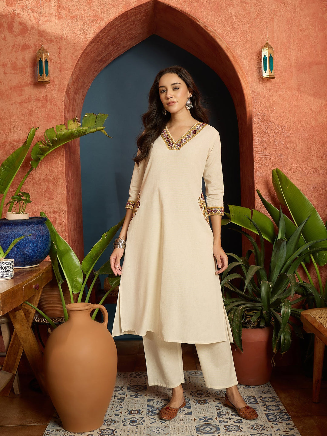 Cream Solid & Embroidered Cotton Flex A-Line Kurta Pant Set