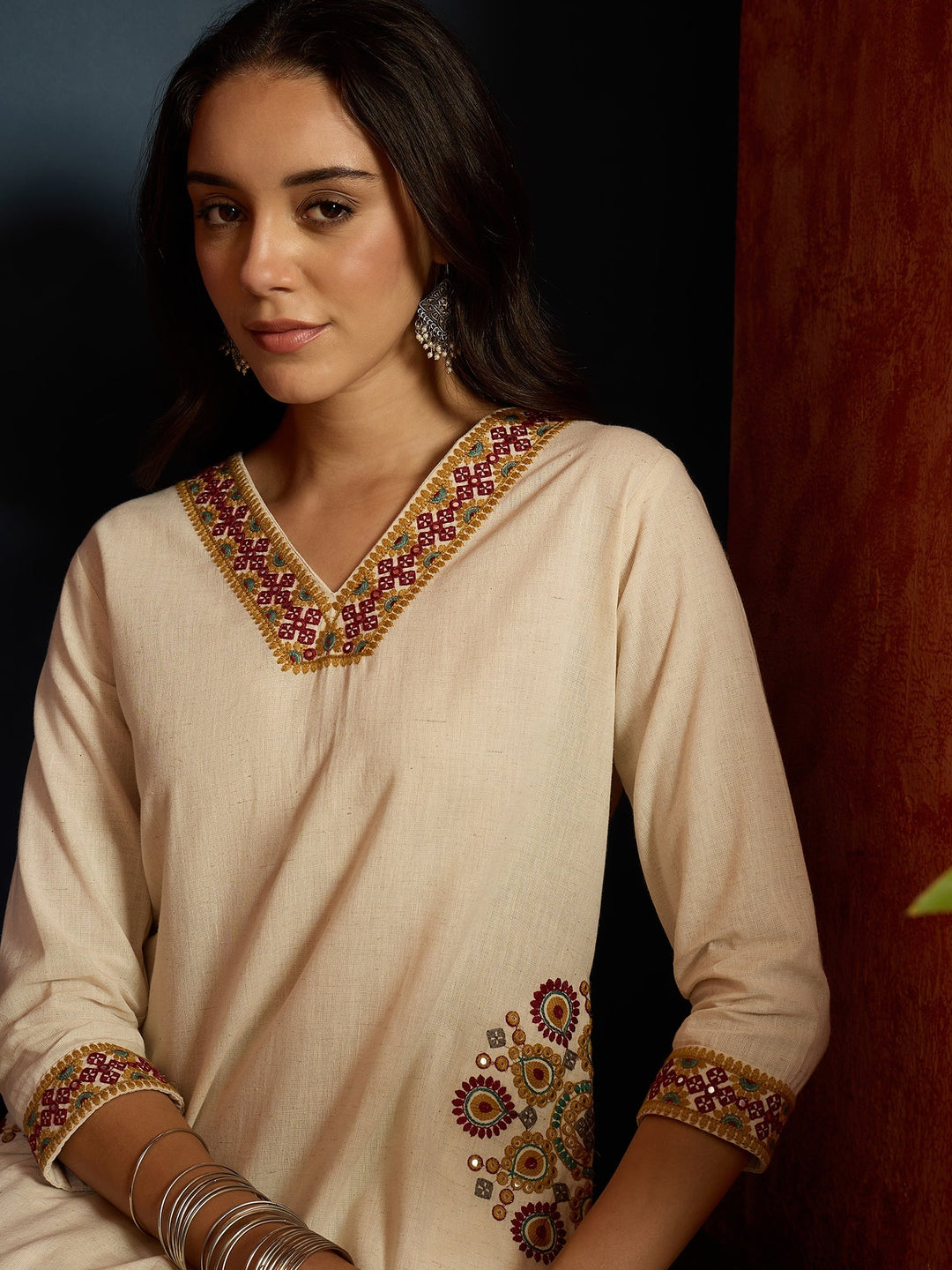 Cream Solid & Embroidered Cotton Flex A-Line Kurta Pant Set
