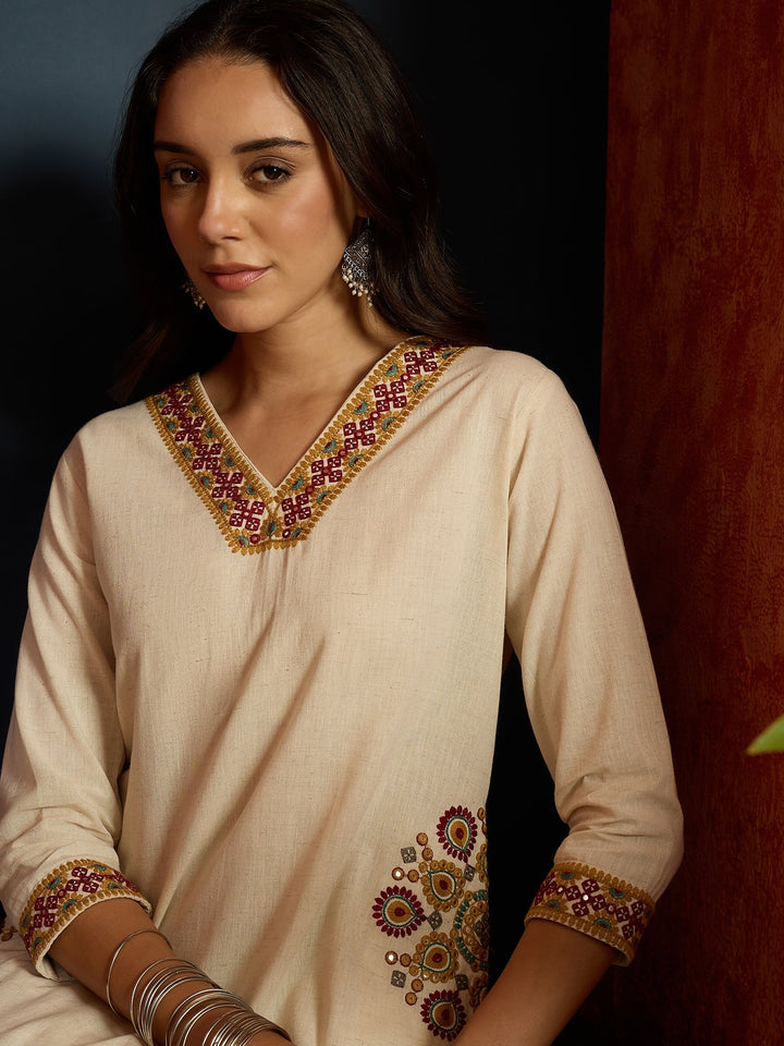 Cream Solid & Embroidered Cotton Flex A-Line Kurta Pant Set