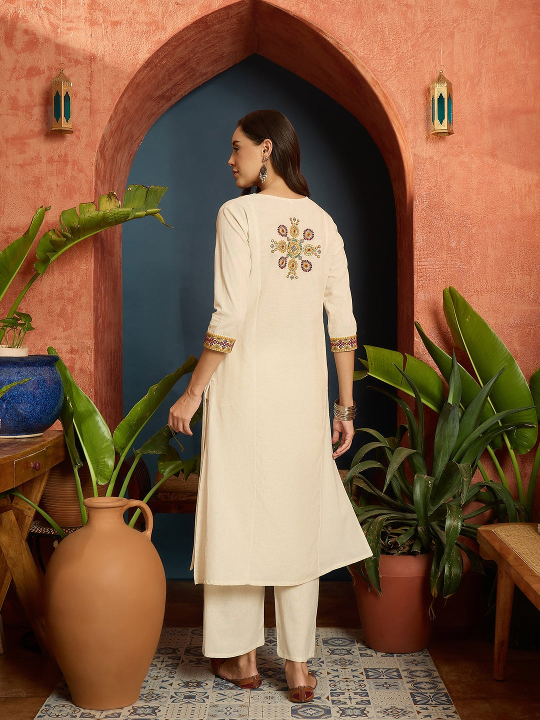 Cream Solid & Embroidered Cotton Flex A-Line Kurta Pant Set