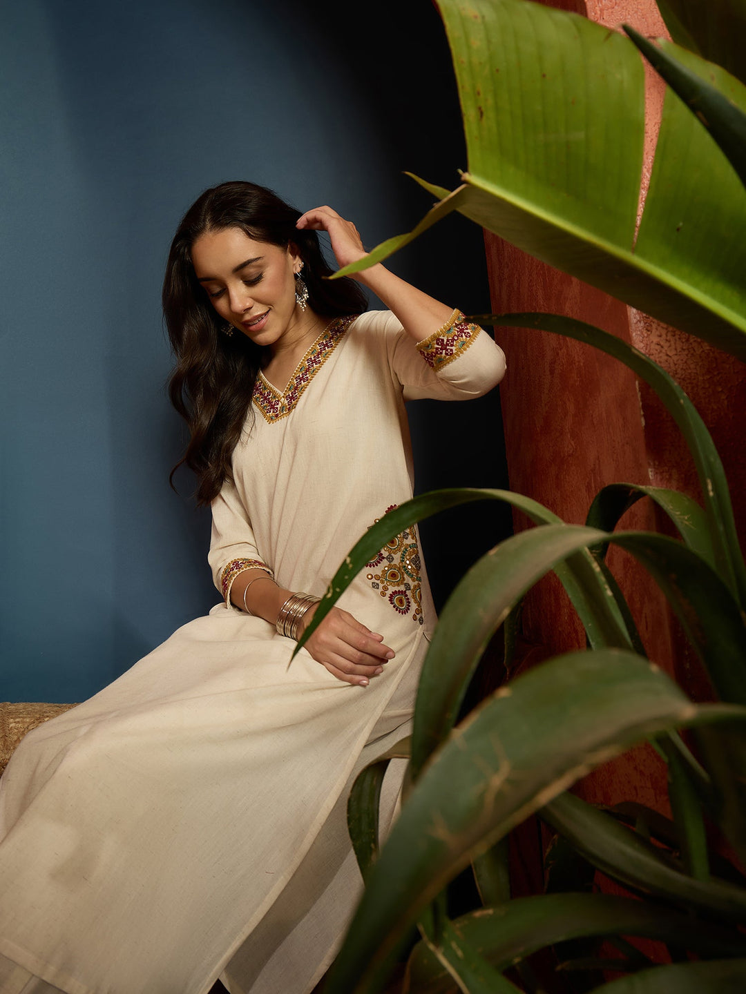 Cream Solid & Embroidered Cotton Flex A-Line Kurta Pant Set