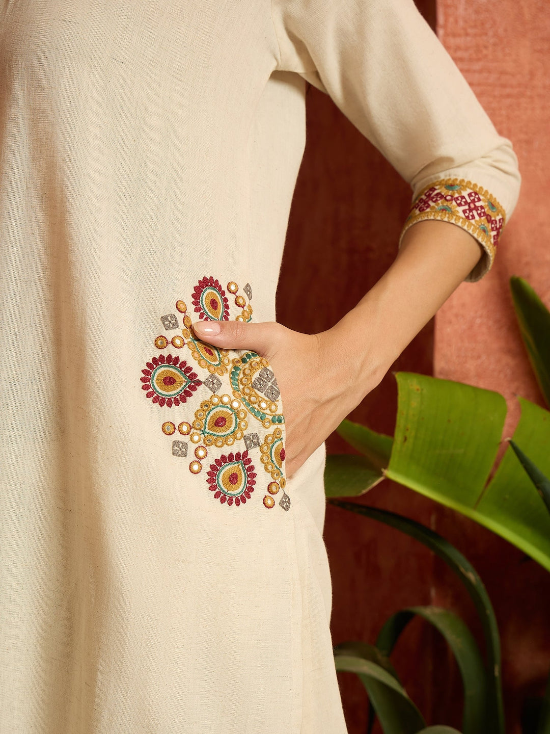 Cream Solid & Embroidered Cotton Flex A-Line Kurta Pant Set
