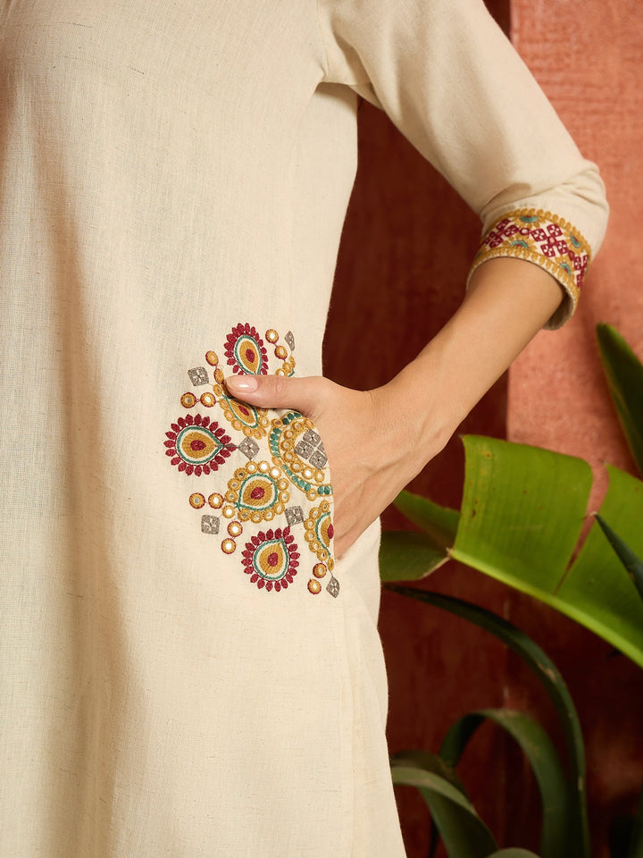 Cream Solid & Embroidered Cotton Flex A-Line Kurta Pant Set