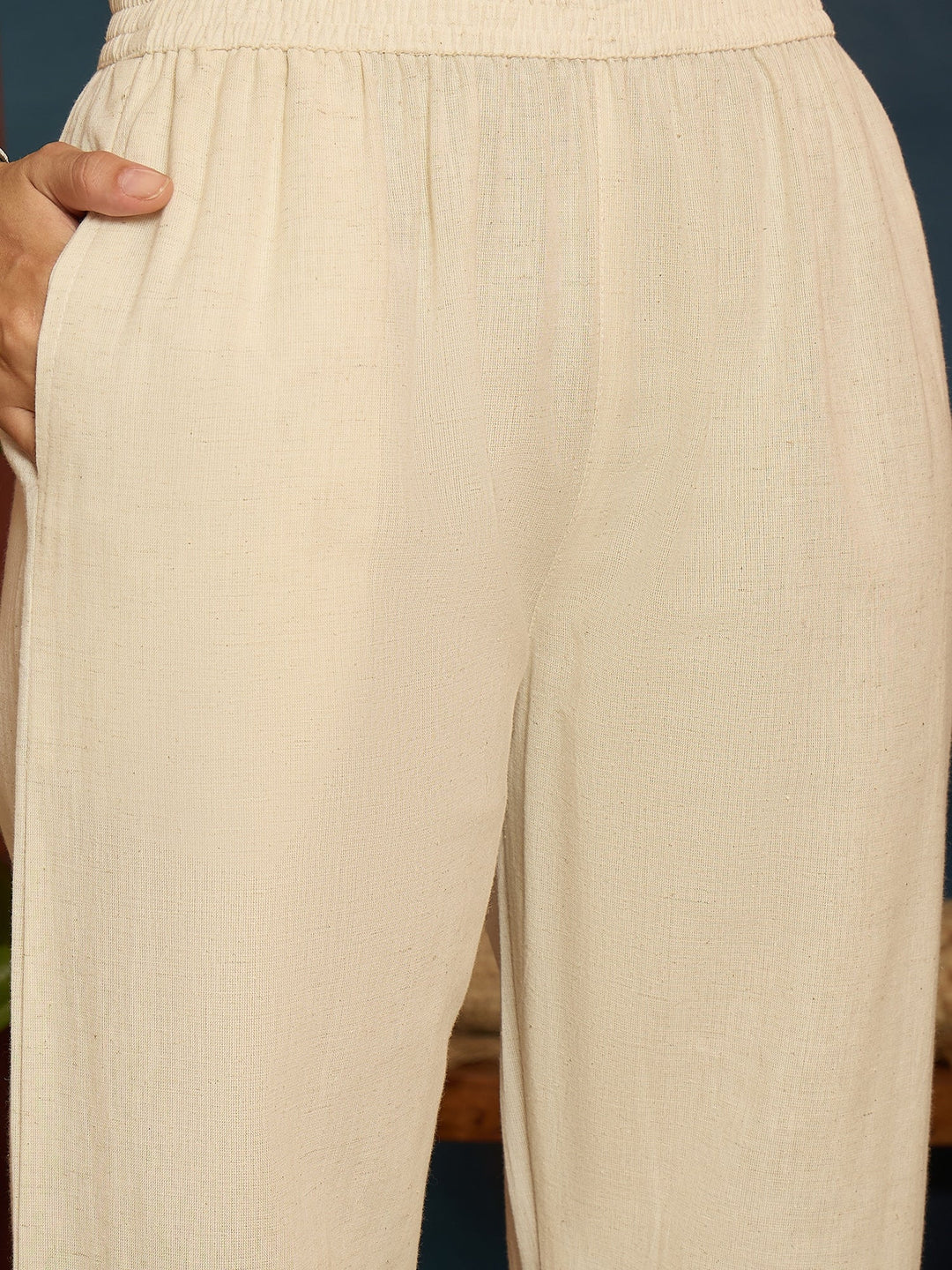 Cream Solid & Embroidered Cotton Flex A-Line Kurta Pant Set