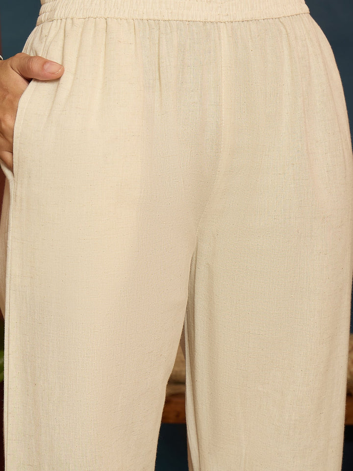 Cream Solid & Embroidered Cotton Flex A-Line Kurta Pant Set