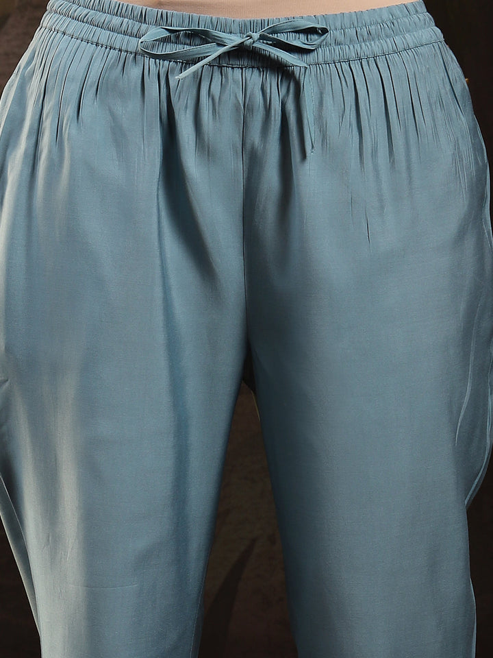 Aqua Solid & Embroidered Silk Blend Straight Kurta Pant Dupatta Set