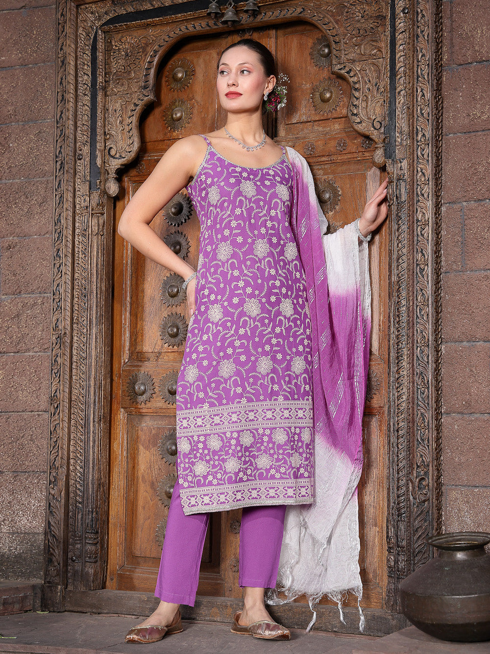 Purple-Rayon-Flora-Printed-Straight-3-Piece-Kurta-Set