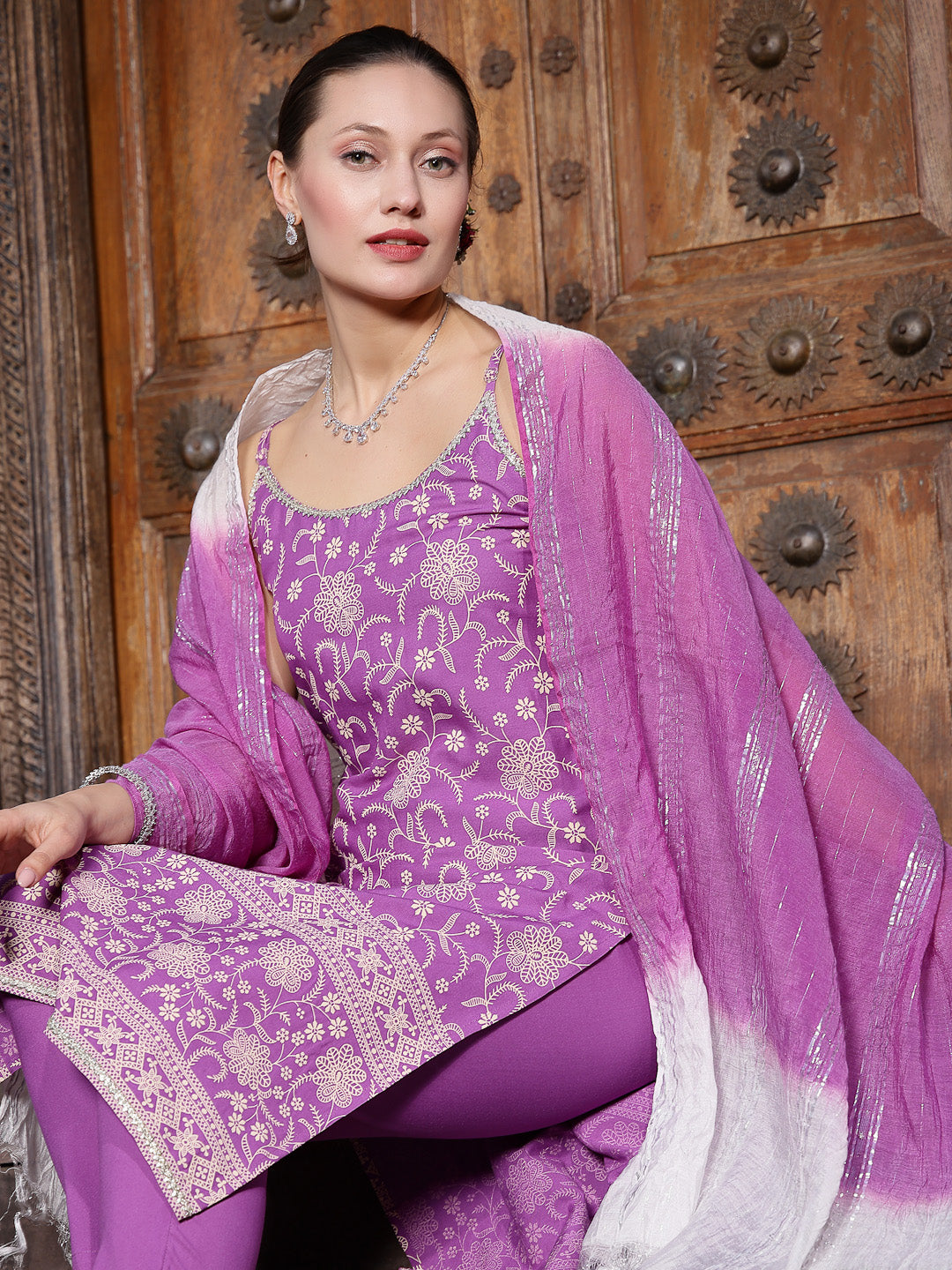 Purple-Rayon-Flora-Printed-Straight-3-Piece-Kurta-Set
