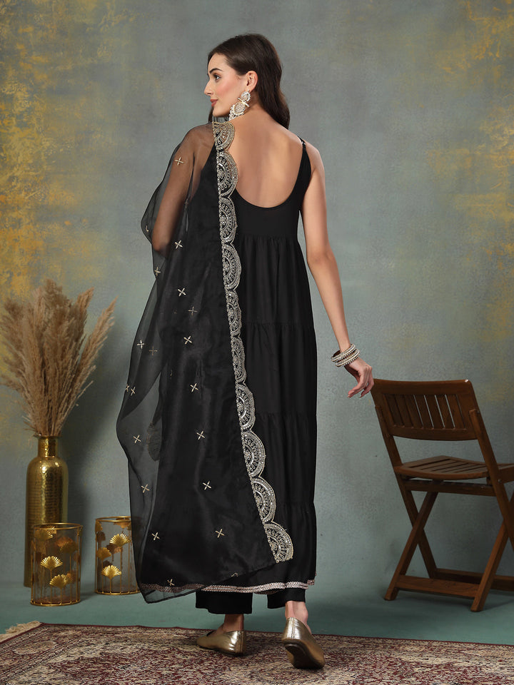 Black-Rayon-Solid-Tiered-3-Piece-Kurta-Set