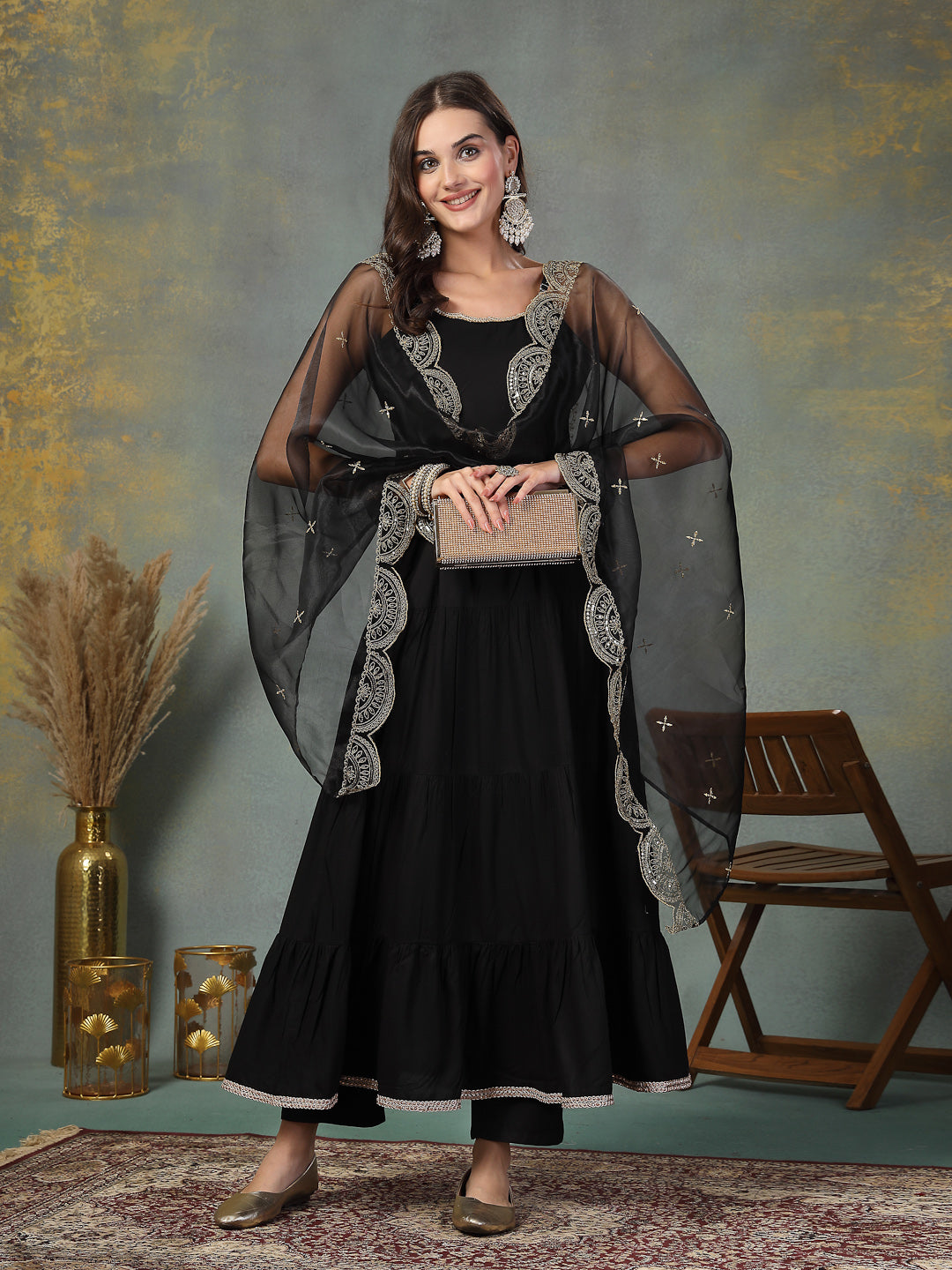 Black-Rayon-Solid-Tiered-3-Piece-Kurta-Set