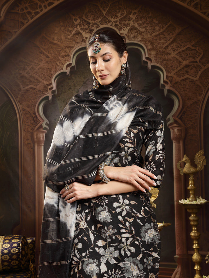 Black Floral Printed Straight Kurta Pant Dupatta Set