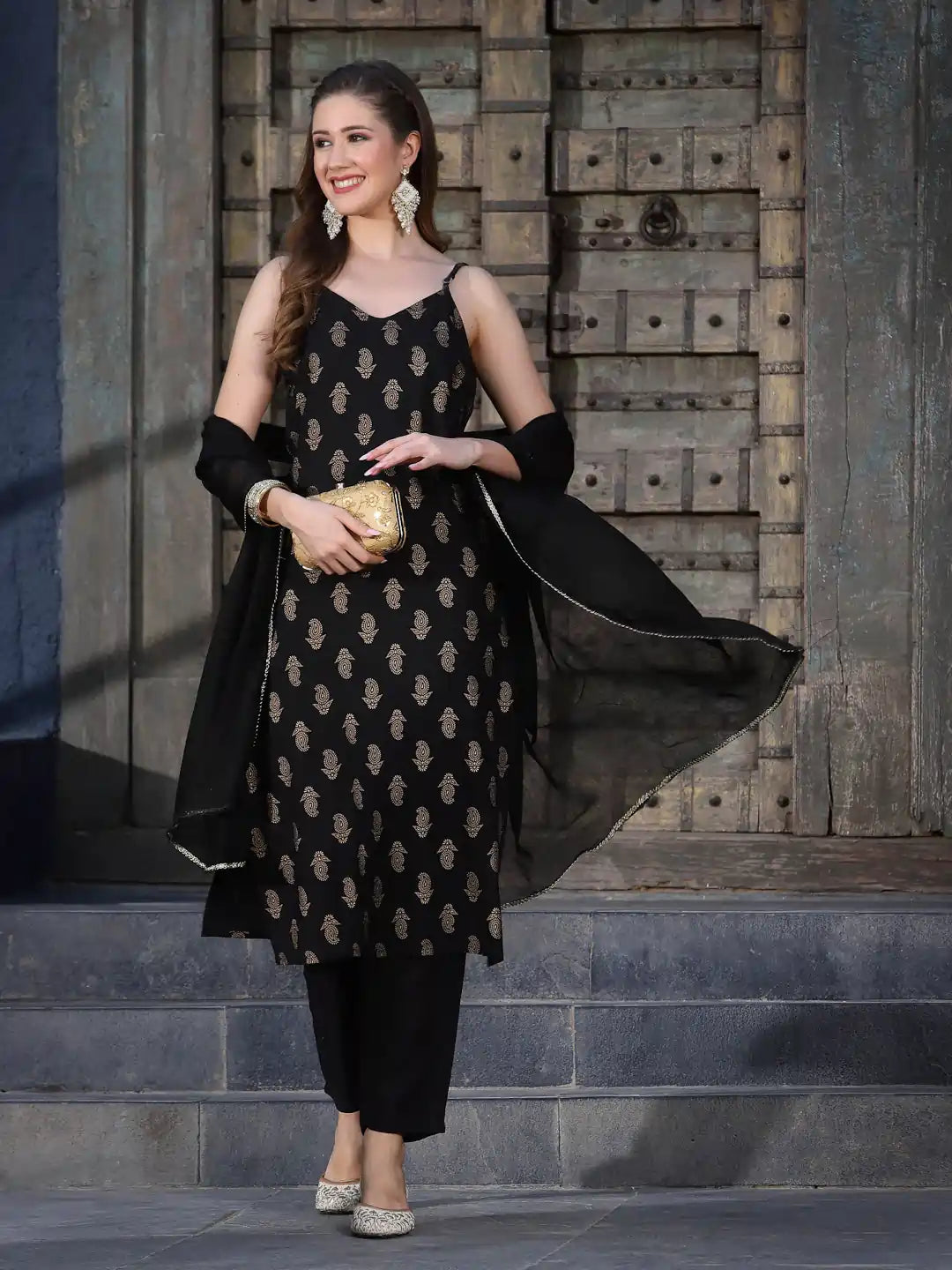 Black-Rayon-Paisley-3-Piece-Kurta-Set