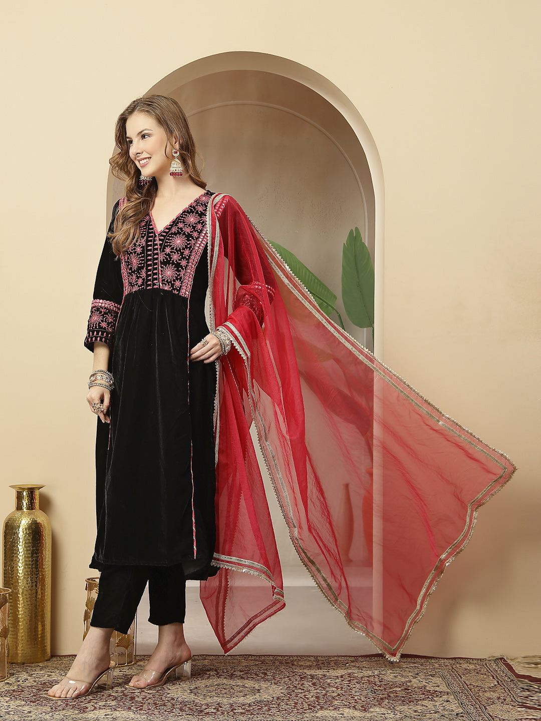 Black Solid & Embroidered Velvet A-Line Kurta Pant Dupatta Set