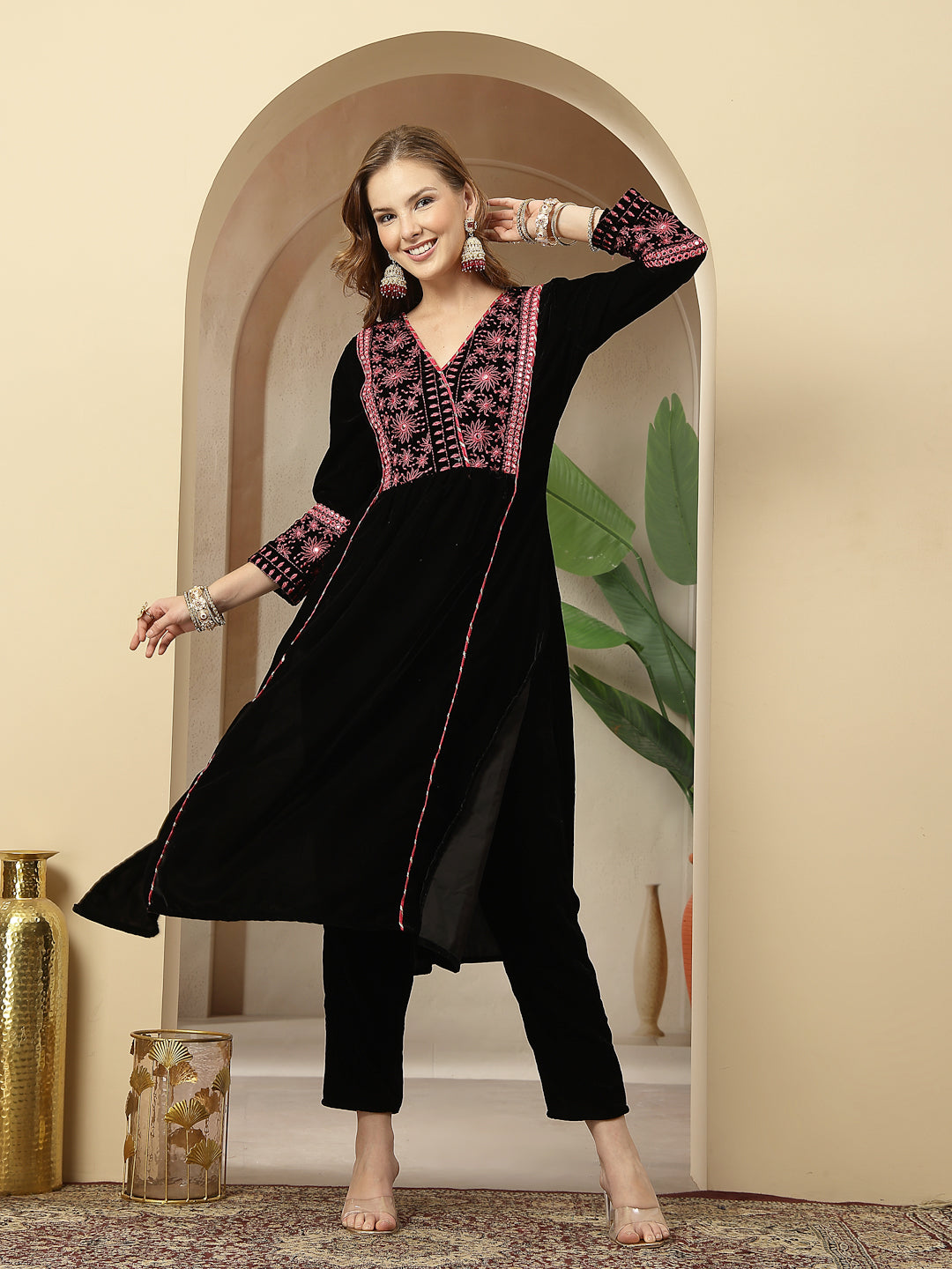 Black Solid & Embroidered Velvet A-Line Kurta Pant Dupatta Set