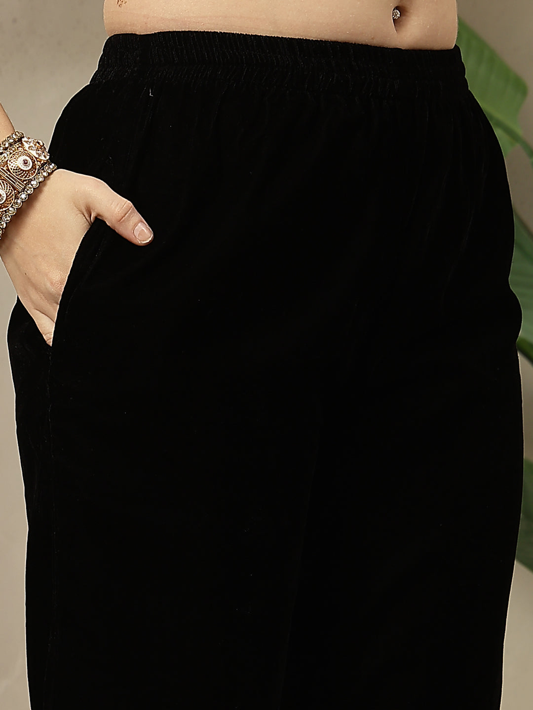 Black Solid & Embroidered Velvet A-Line Kurta Pant Dupatta Set