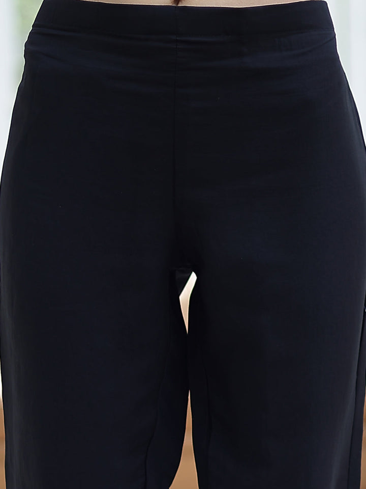 Black Solid & Embroidered Cotton Straight Kurta Pant Dupatta Set